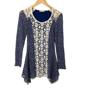 Altar’d State Crochet Knit Top Navy Blue White Floral Asymmetrical Hem Sz S Boho